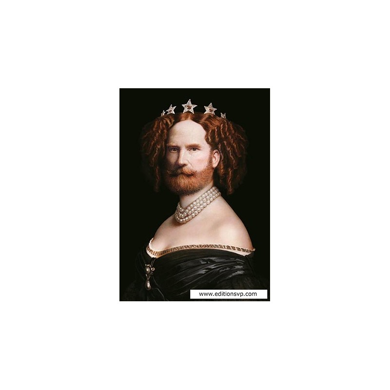 un homme roux et barbu porte une robe et un collier de perle