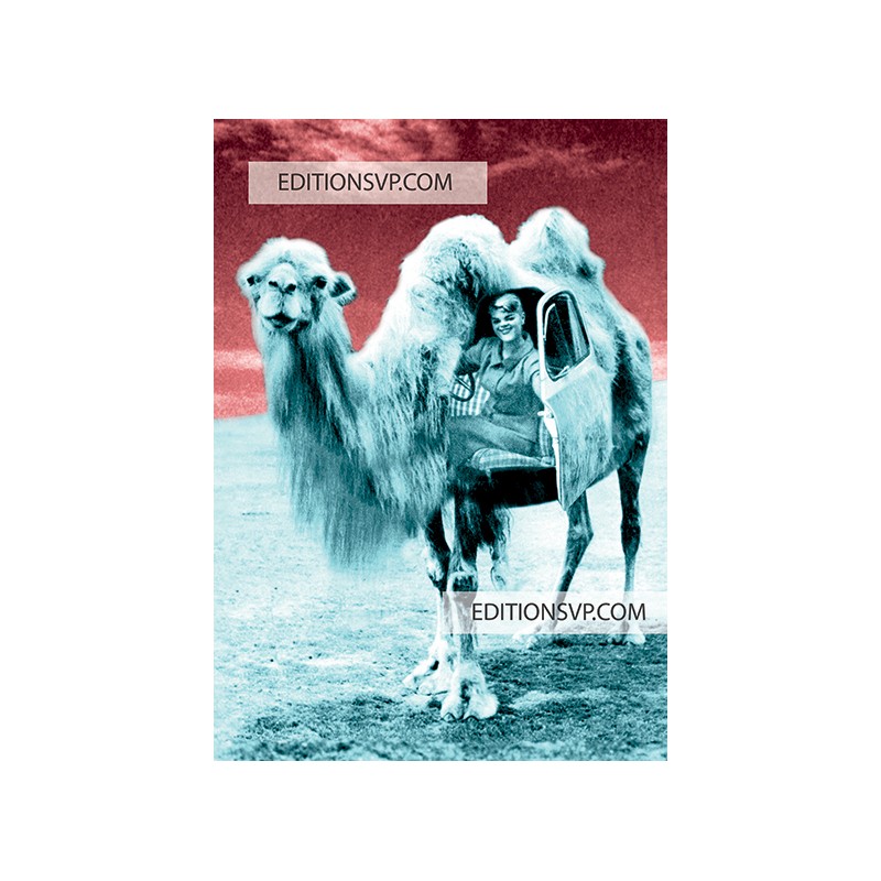 Un chameau transformé en Taxi, une femme ouvre la porte se situant sur le flanc du l'animal. A l'interieur elle tient un volant.