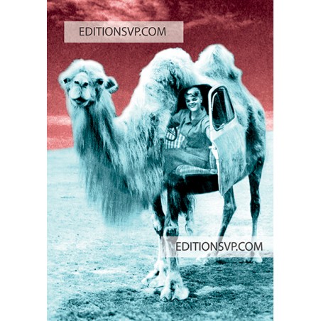 Un chameau transformé en Taxi, une femme ouvre la porte se situant sur le flanc du l'animal. A l'interieur elle tient un volant.