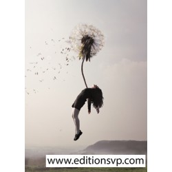 a young woman flies away clinging to a dandelion flower