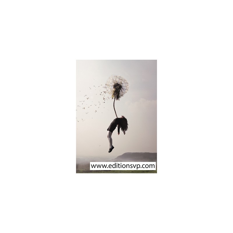 a young woman flies away clinging to a dandelion flower