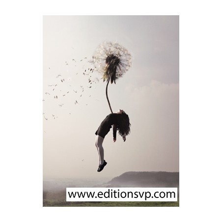 a young woman flies away clinging to a dandelion flower