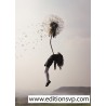 a young woman flies away clinging to a dandelion flower